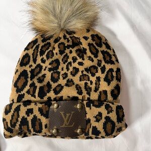 Louis Vuitton Leopard Print Tan and Black Pom Beanie